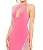 Color:Candy Pink - Image 3 - Jersey Halter Neck Sleeveless Front Cutout Sequin Beaded Slit Gown