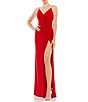 Color:Red - Image 1 - Jersey Surplice V-Neck Rhinestone Spaghetti Strap Sleeveless Ruched Thigh High Slit Open Back Detail Faux Wrap Gown