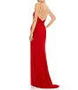 Color:Red - Image 2 - Jersey Surplice V-Neck Rhinestone Spaghetti Strap Sleeveless Ruched Thigh High Slit Open Back Detail Faux Wrap Gown