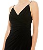 Color:Black - Image 3 - Jersey Surplice V-Neck Rhinestone Spaghetti Strap Sleeveless Ruched Thigh High Slit Open Back Detail Faux Wrap Gown