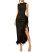 Color:Black - Image 1 - Crew Neck Sleeveless High-Low Hem with Feather Trim