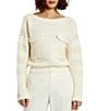 Color:Cream - Image 1 - Knit Boat Neck Long Sleeve Chest Patch Pocket Sweater