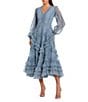 Mac Duggal Long Balloon Illusion Sleeve V-Neck Ruffle Tier Midi Dress, Color:Slate Blue - Image 1