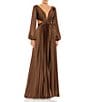 Color:Espresso - Image 1 - Long Balloon Sleeve Side Cut-Out Pleated Deep V-Neck Satin A-Line Gown