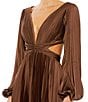Color:Espresso - Image 3 - Long Balloon Sleeve Side Cut-Out Pleated Deep V-Neck Satin A-Line Gown