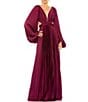 Color:Wine - Image 1 - Long Balloon Sleeve Side Cut-Out Pleated Deep V-Neck Satin A-Line Gown