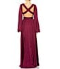 Color:Wine - Image 2 - Long Balloon Sleeve Side Cut-Out Pleated Deep V-Neck Satin A-Line Gown