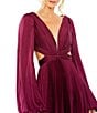 Color:Wine - Image 3 - Long Balloon Sleeve Side Cut-Out Pleated Deep V-Neck Satin A-Line Gown