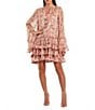 Mac Duggal Long Flare Sleeve Ruffle Mini With Novelty Trim, Color:Pink Multi - Image 1
