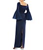 Color:Navy - Image 2 - Long Flounce Sleeve Square Neck Sheath Gown
