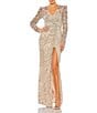 Color:Nude Multi - Image 1 - Long Puff Sleeve V-Neck Thigh High Slit Beaded Gown