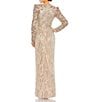 Color:Nude Multi - Image 2 - Long Puff Sleeve V-Neck Thigh High Slit Beaded Gown