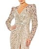 Color:Nude Multi - Image 3 - Long Puff Sleeve V-Neck Thigh High Slit Beaded Gown