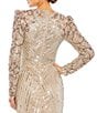 Color:Nude Multi - Image 4 - Long Puff Sleeve V-Neck Thigh High Slit Beaded Gown