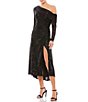 Color:Black - Image 1 - Long Sleeve Asymmetric One Shoulder Ruched Thigh High Slit Sequin Midi Dress