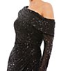 Color:Black - Image 3 - Long Sleeve Asymmetric One Shoulder Ruched Thigh High Slit Sequin Midi Dress