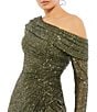 Color:Olive - Image 3 - Long Sleeve Asymmetric One Shoulder Ruched Thigh High Slit Sequin Midi Dress
