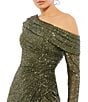 Mac Duggal Long Sleeve Asymmetric One Shoulder Ruched Thigh High Slit Sequin Midi Dress, Color:Olive - Image 3