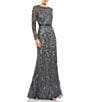 Mac Duggal Long Sleeve Sequin Crew Neck Fully Lined Sheath Gown, Color:Charcoal - Image 1