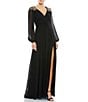 Mac Duggal Long Sleeve Beaded Shoulder Thigh High Slit Surplice V-Neck ...
