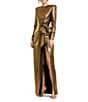 Mac Duggal Long Sleeve Bow Detail Metallic Jersey Gown, Color:Antique Gold - Image 1