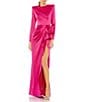 Mac Duggal Long Sleeve Crew Neck Ruched Waist Draped Bow Thigh High Slit Satin A-Line Gown, Color:Magenta - Image 1