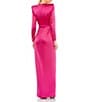 Mac Duggal Long Sleeve Crew Neck Ruched Waist Draped Bow Thigh High Slit Satin A-Line Gown, Color:Magenta - Image 2