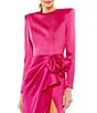 Mac Duggal Long Sleeve Crew Neck Ruched Waist Draped Bow Thigh High Slit Satin A-Line Gown, Color:Magenta - Image 3