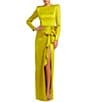 Mac Duggal Long Sleeve Crew Neck Ruched Waist Draped Bow Thigh High Slit Satin A-Line Gown, Color:Chartreuse - Image 1