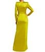 Mac Duggal Long Sleeve Crew Neck Ruched Waist Draped Bow Thigh High Slit Satin A-Line Gown, Color:Chartreuse - Image 2
