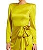 Mac Duggal Long Sleeve Crew Neck Ruched Waist Draped Bow Thigh High Slit Satin A-Line Gown, Color:Chartreuse - Image 3
