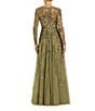 Mac Duggal Long Sleeve Mesh Floral Embellished Gown, Color:Green - Image 2