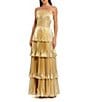 Mac Duggal Metallic Mesh Strapless Pleated Tiered A-Line Gown, Color:Gold - Image 1