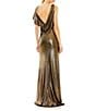 Mac Duggal Metallic One Shoulder Short Sleeve Surplice V-Neck Front Thigh High Slit Open Back Draped Gown, Color:Antique Gold - Image 2