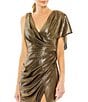 Mac Duggal Metallic One Shoulder Short Sleeve Surplice V-Neck Front Thigh High Slit Open Back Draped Gown, Color:Antique Gold - Image 3