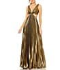 Color:Antique Gold - Image 1 - Metallic Pleated V-Neck Sleeveless Waist Cut-Out Gown