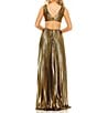 Color:Antique Gold - Image 2 - Metallic Pleated V-Neck Sleeveless Waist Cut-Out Gown