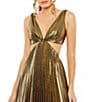 Color:Antique Gold - Image 3 - Metallic Pleated V-Neck Sleeveless Waist Cut-Out Gown