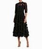 Mac Duggal Mock Neck Short Sleeve Tiered Ruffled Pleated Embellished A-Line Midi Dress, Color:Black - Image 1