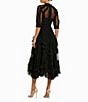 Mac Duggal Mock Neck Short Sleeve Tiered Ruffled Pleated Embellished A-Line Midi Dress, Color:Black - Image 2