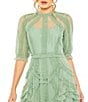 Color:Jade - Image 3 - Mock Neck Short Sleeve Tiered Ruffled Pleated Embellished A-Line Midi Dress