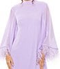 Color:Lilac - Image 3 - Mock Neck Long Wide Sleeve Feather Trim Mini Dress