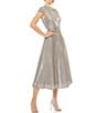 Color:Silver - Image 1 - Mock Neck Metallic Cap Sleeve Fit & Flare Midi Dress