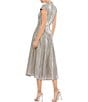 Color:Silver - Image 2 - Mock Neck Metallic Cap Sleeve Fit & Flare Midi Dress