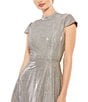 Color:Silver - Image 3 - Mock Neck Metallic Cap Sleeve Fit & Flare Midi Dress