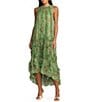 Mac Duggal Mock Neck Micro Ruffle Printed Chiffon Shift Midi Dress - Image 1
