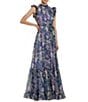 Mac Duggal Mock Neck Ruffle Shoulder Floral Printed Chiffon Maxi Dress, Color:Lilac Multi - Image 1