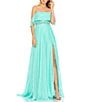 Color:Mint - Image 1 - Off-the-Shoulder Short Sleeve Chiffon Beaded Waist Thigh High Slit A-Line Gown