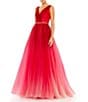 Color:Red Ombre - Image 1 - Ombre Tulle Surplice V-Neck Sleeveless Embellished Belt Gown