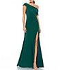 Color:Emerald - Image 1 - One Shoulder Cap Sleeve Ruched Thigh High Slit Faux Wrap Gown